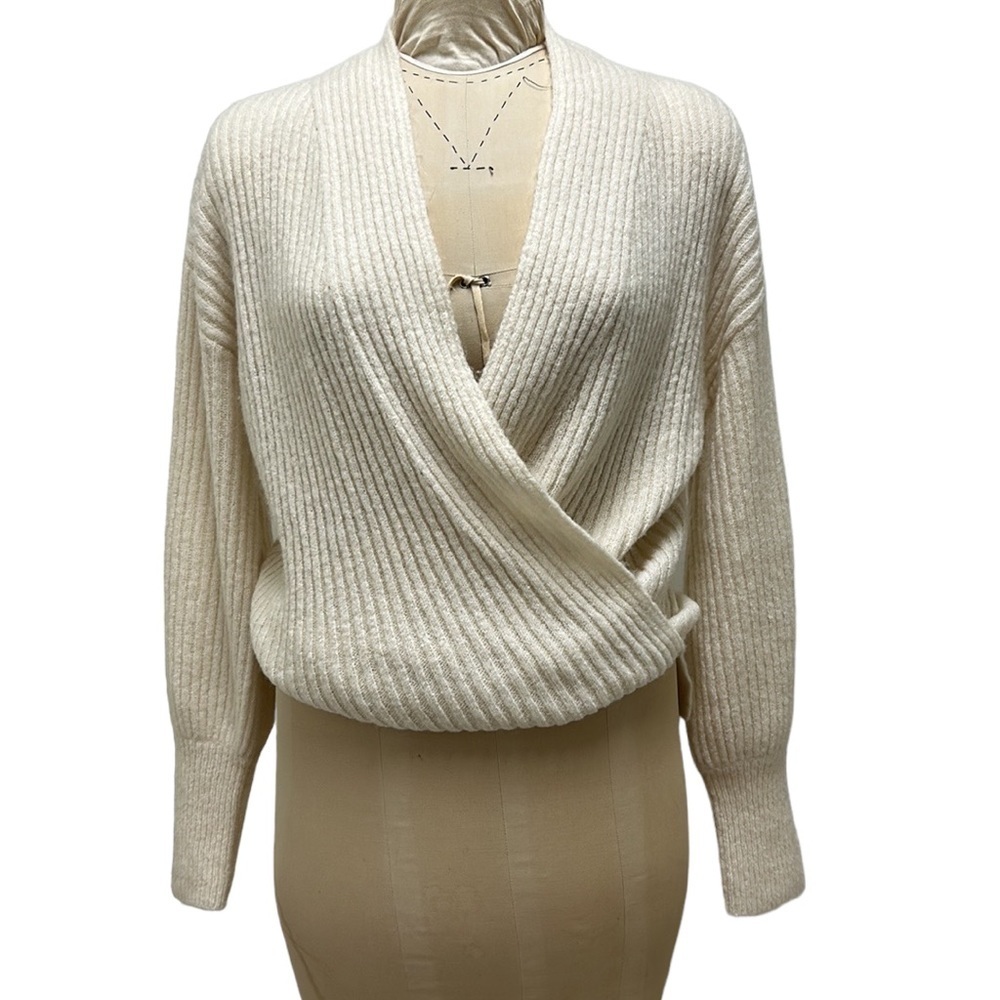 NWT Max Studio Knit Sweater Faux Wrap-Bishop Sleeve in Ivory M